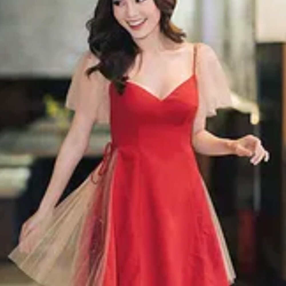 Red Dress With Sheer Puff Sleeves & Pearl Detail